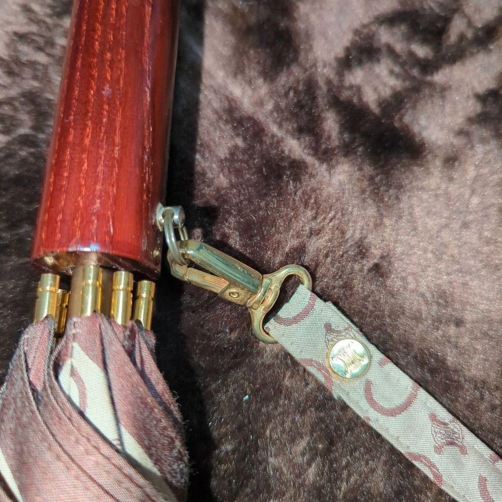 CELINE Macadam Long Umbrella Brown Wooden Handle Shoulder Strap Authentic