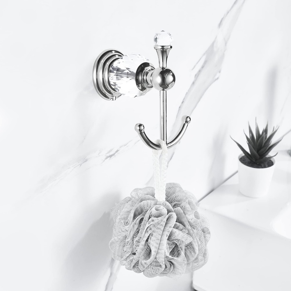 Crystal Towel Hook Chrome, Bath Robe Hook, Silver Bathroom Wall Hooks Double ...