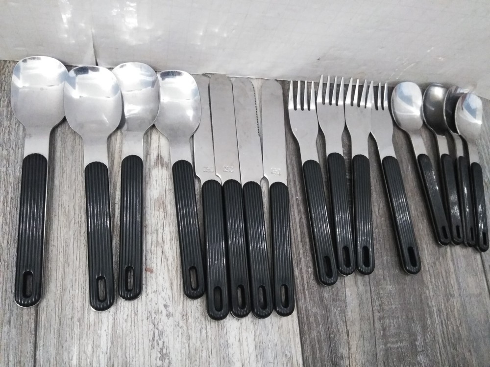 Vtg MCM Modern Flatware BLACK Plastic Handles Square Style MIC Stainless 16-PCS