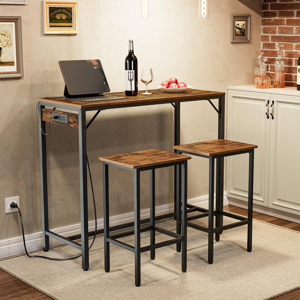 Rustic 3-Piece Bar Table Set with Power Outlet - Compact & Stylish