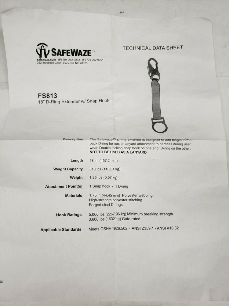 SafeWaze FS813 18" D-Ring Extender with Snap Hook Fluorescent Green