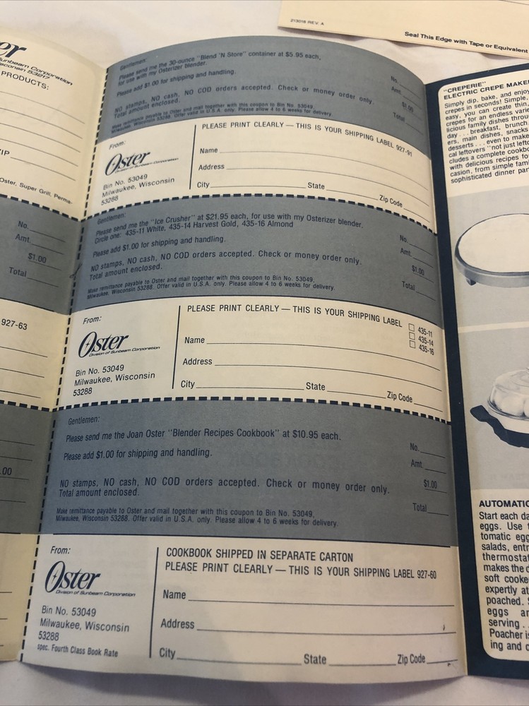 1981 Osterizer Accessory Information and Coupons, Service Info, Replacement Part