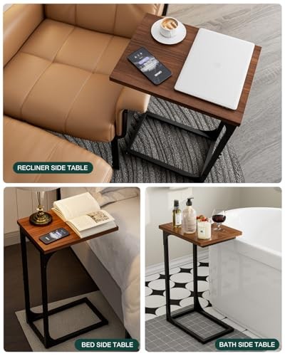 C-Shaped Side Table for Couch - 2-Pack Rustic Walnut Without Power Outlets