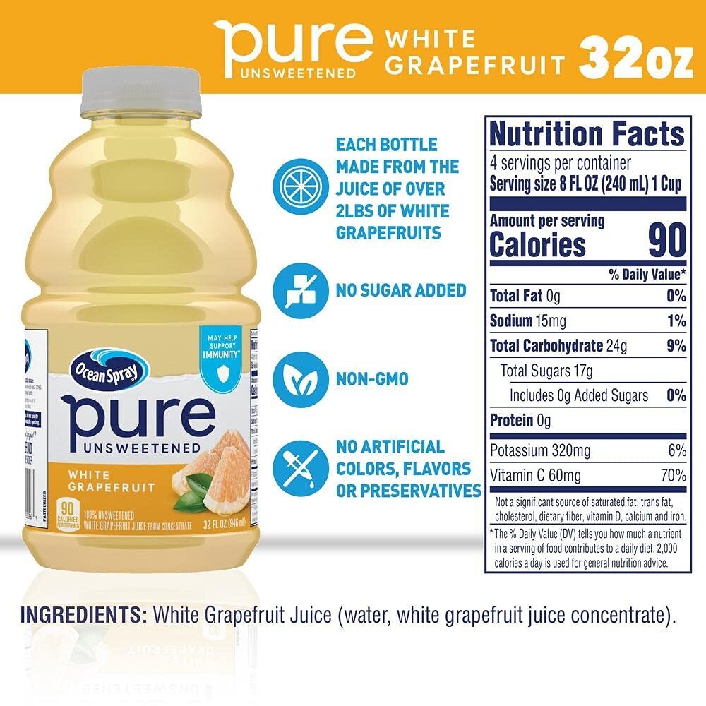Pure Unsweetened White Grapefruit, 100% White Grapefruit Juice, 32 Fl Oz Bott...