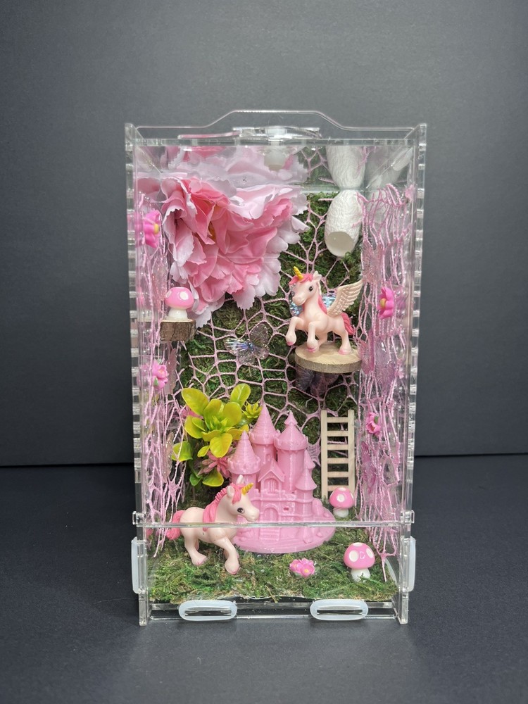 Pink unicorns and castle Jumping Spider Enclosure