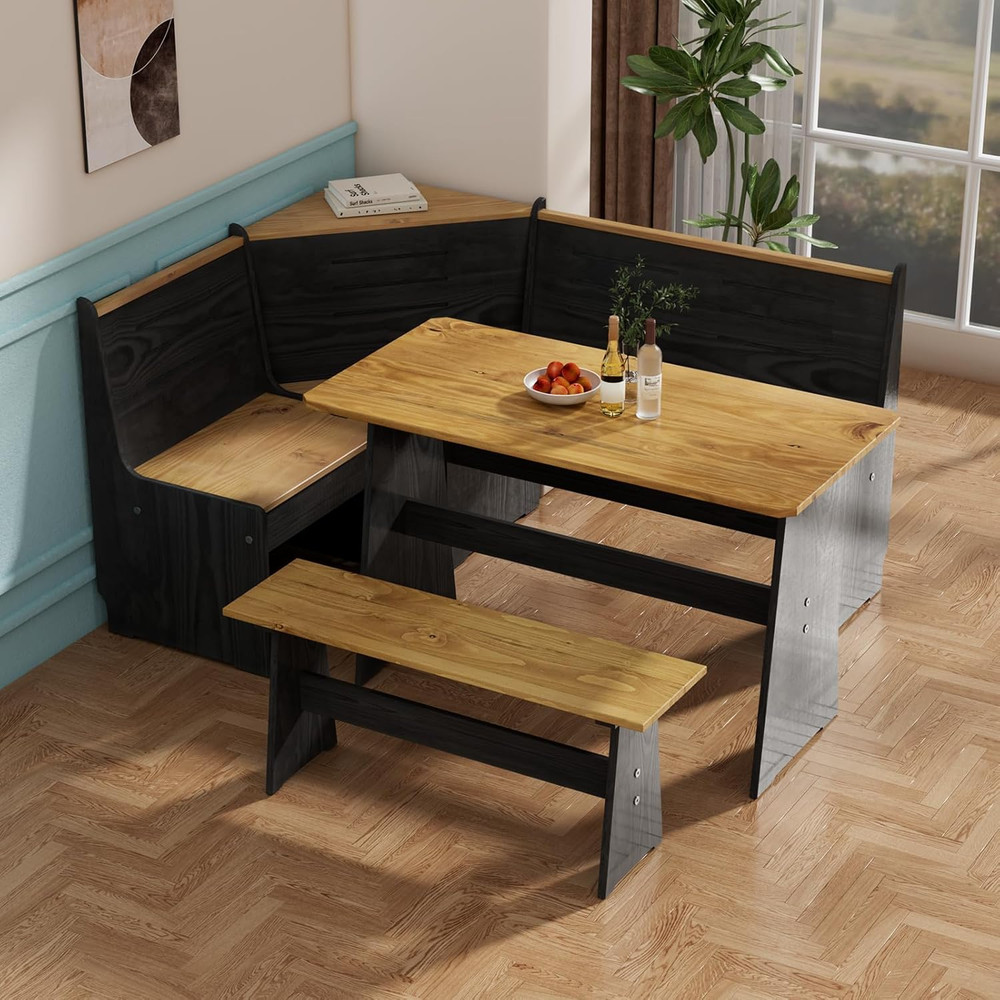 Solid Wood Corner Breakfast Nook Table Set for 4-6, Space Saving Black Booth