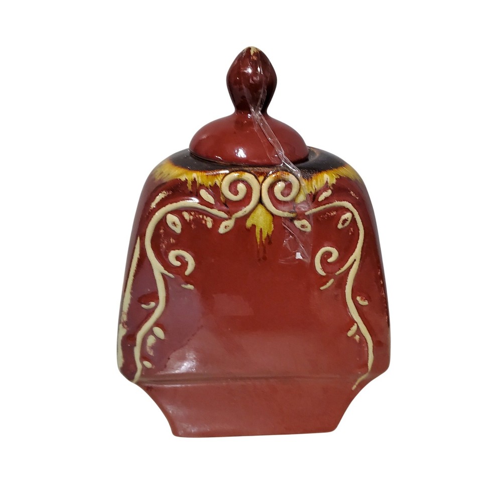 Red Ceramic Lidded Decorative Jar Earthy Scrollwork Drip Glaze Tuscan Style