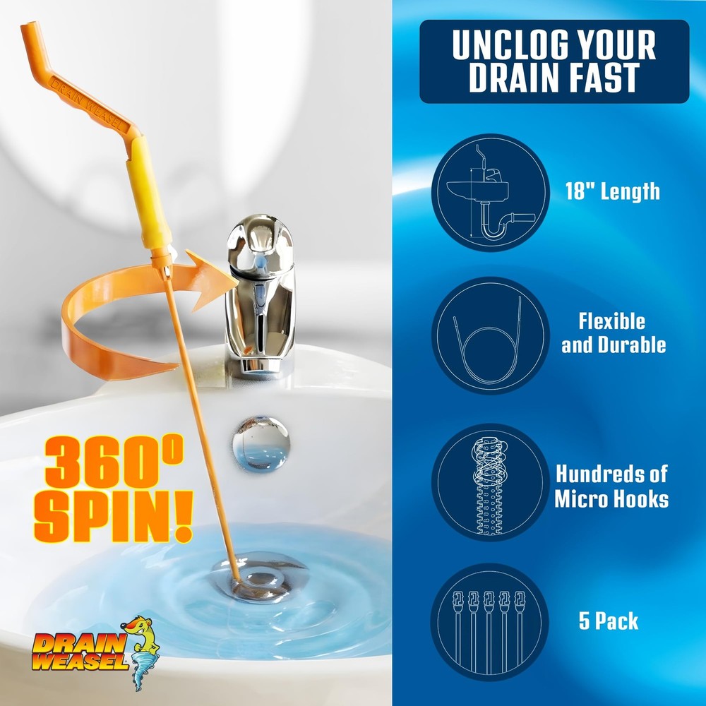 FlexiSnake Drain Weasel Sink Snake Handle + 5 Refill Wands, Orange/Yellow