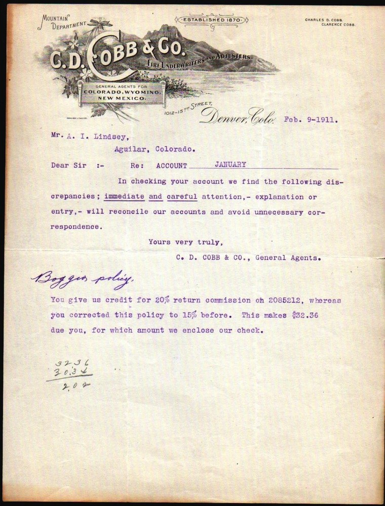 1911 Denver - C D Cobb & Co - Fire Underwriters & Adjusters - Letter Head Bill