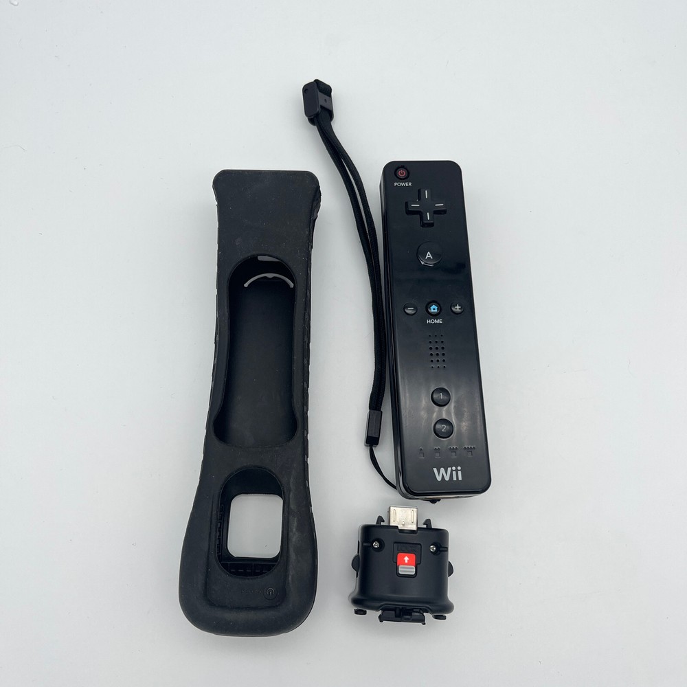 Nintendo Wii Remote Black RVL-003 Motion Plus Sensor Adapter Sleeve Bundle