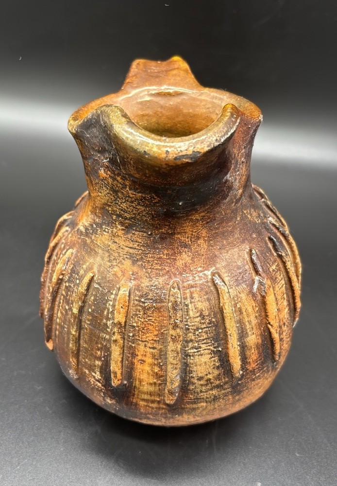 Rustic Primitive Glazed Pottery Small Jug Pitcher Raised Ridges 6”