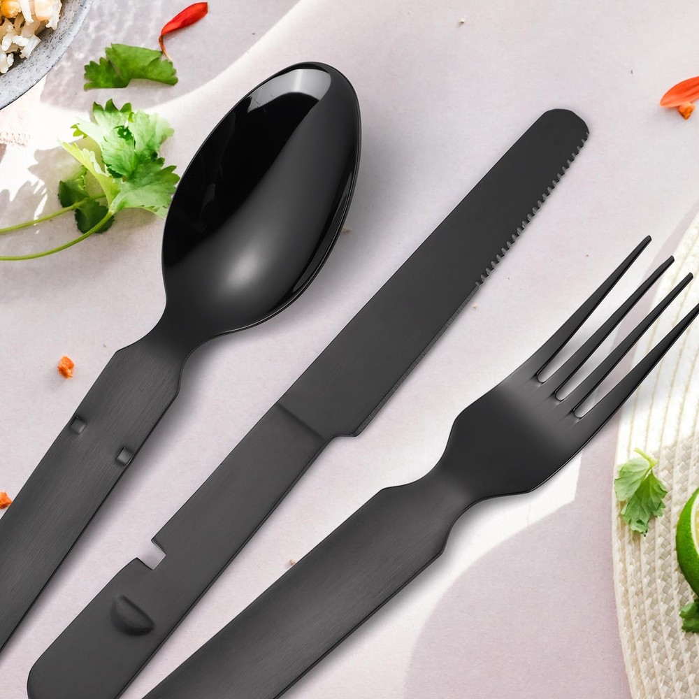A · HOUSEWARE Portable Silverware Black Flatware Camping Cutlery Stainless St...