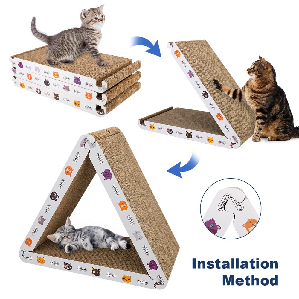 Cat Scratcher Board Foldable Triangle 6 Usable Sides Vertical Cardboard 3 Pack