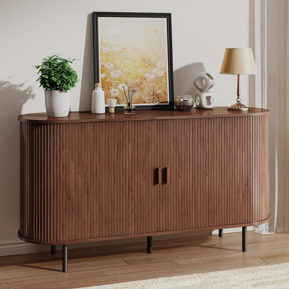 Modern 55" Walnut Buffet Sideboard with Sliding Door & Adjustable Shelf