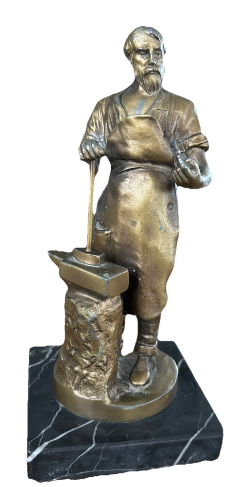 Antique Cast Zinc Blacksmith On Marble Plinth