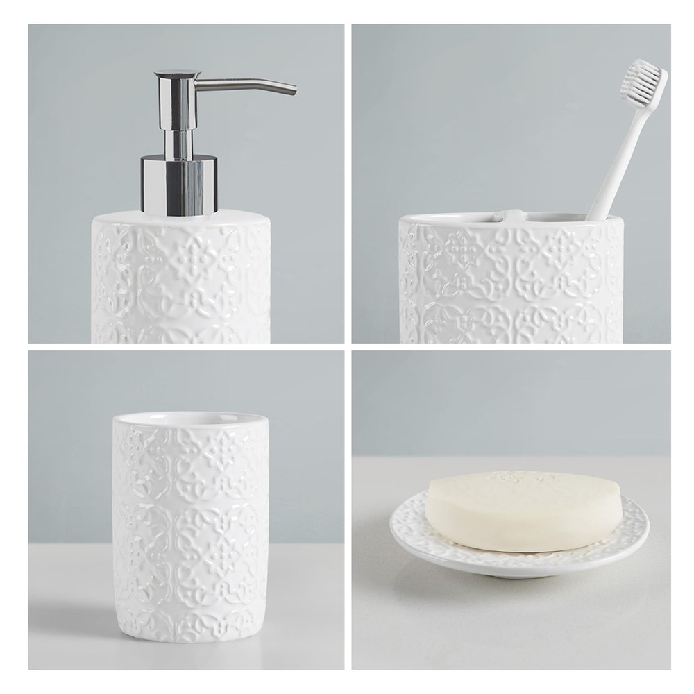 Ceramic Bathroom Accessories Set, Vanity Decor Storage Organizer, Embossed Da...