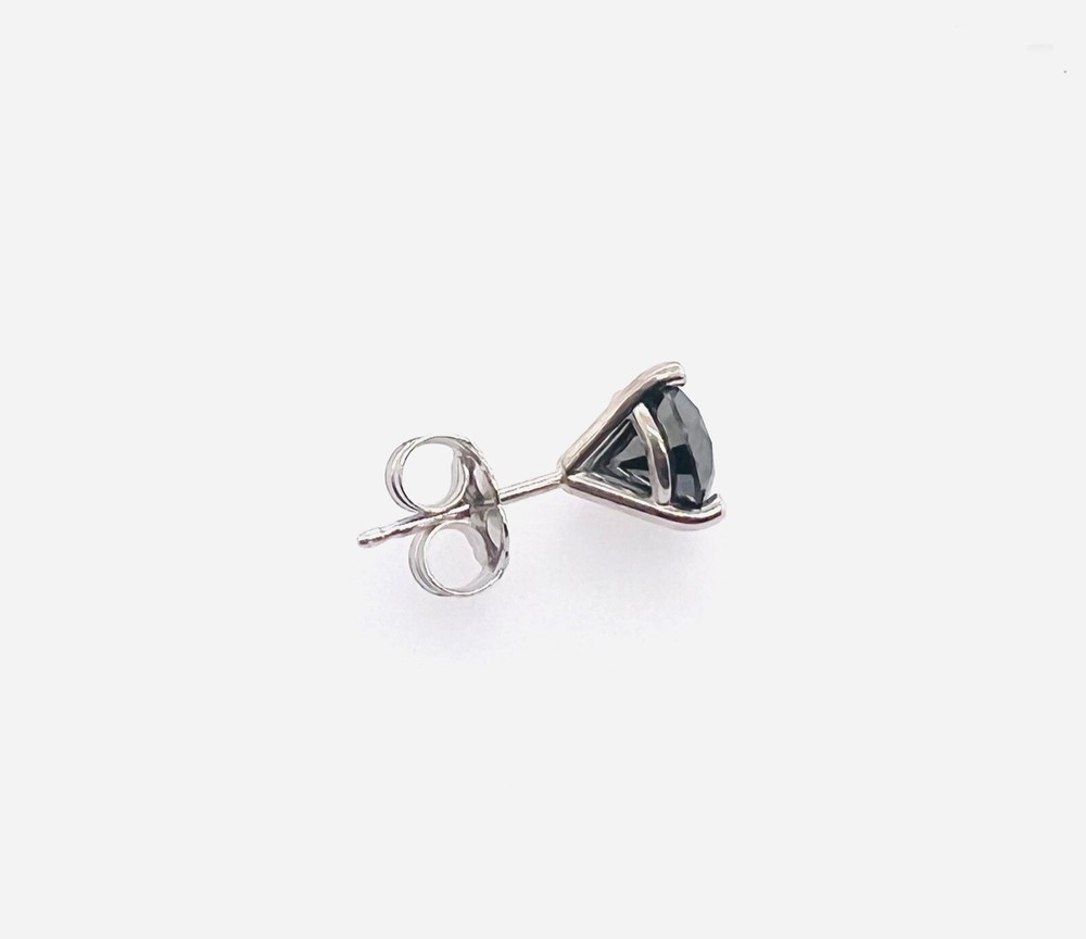 14K White Gold Black Round Diamond Martini Single Stud Earring 2ctw