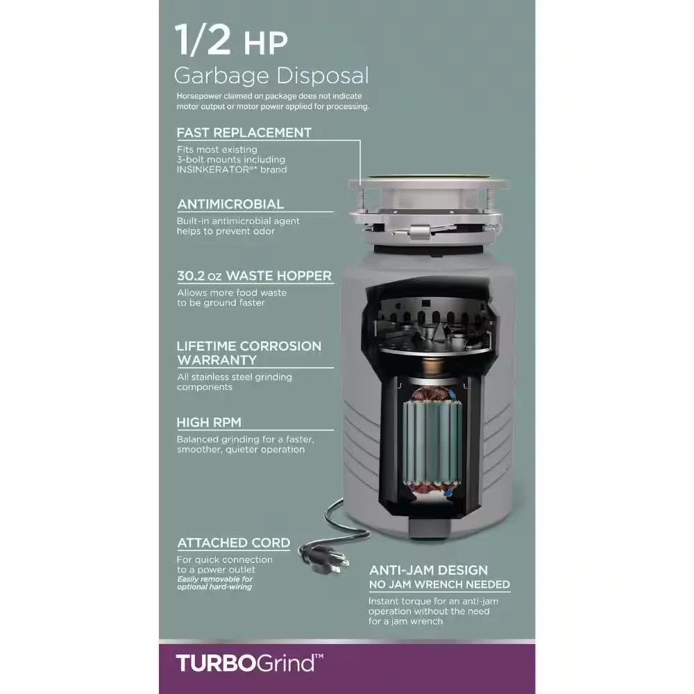 Glacier Bay TurboGrind 1/2 HP Garbage Disposal w/ Power Cord