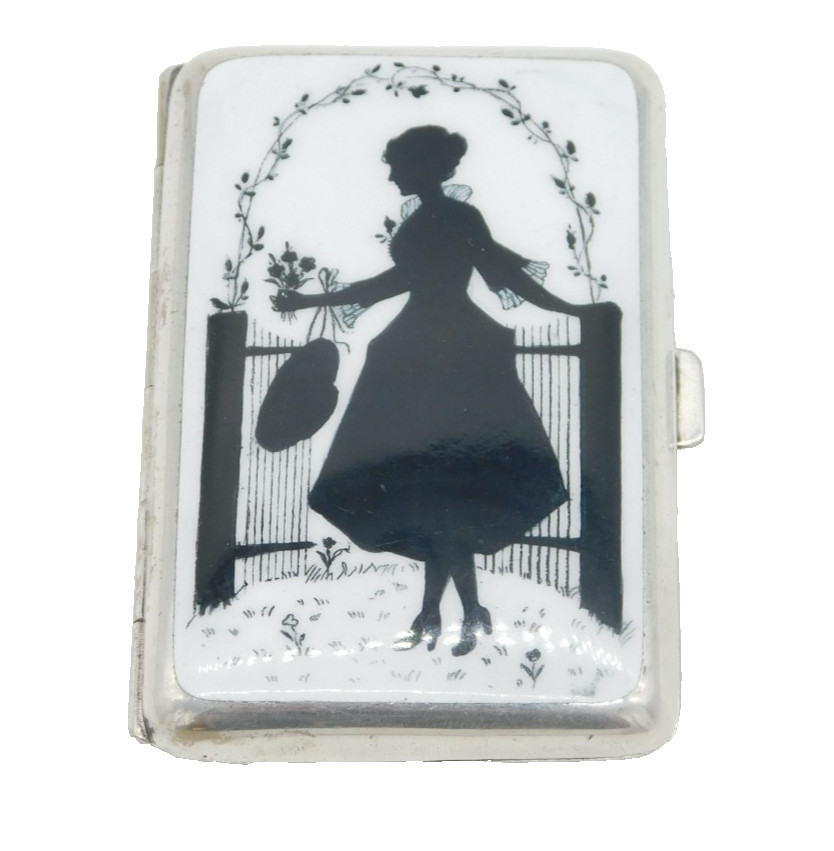 Art Deco Silver Plated Black & White Enamel Romantic Scene Cigarette Case