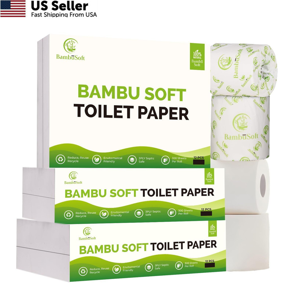 Bambu Soft Unbleached Bamboo Toilet Paper – 12 Mega Rolls (300 Sheets White