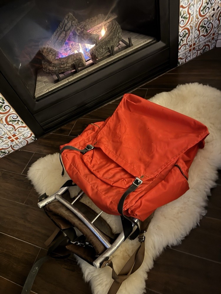 Vintage Hiking Backpack Aluminum Frame. Brass zippers.