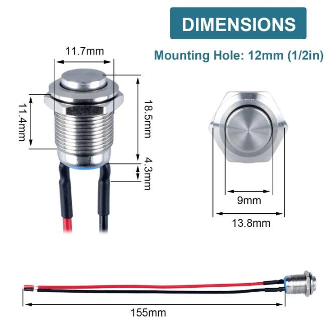 5-Pcs 12 mm Momentary Push Button Switch Waterproof Push Button Switch Round