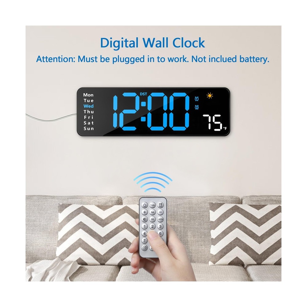 Digital Wall Clock with Remote Control, Large Display Plug in LED D... Fast Ship