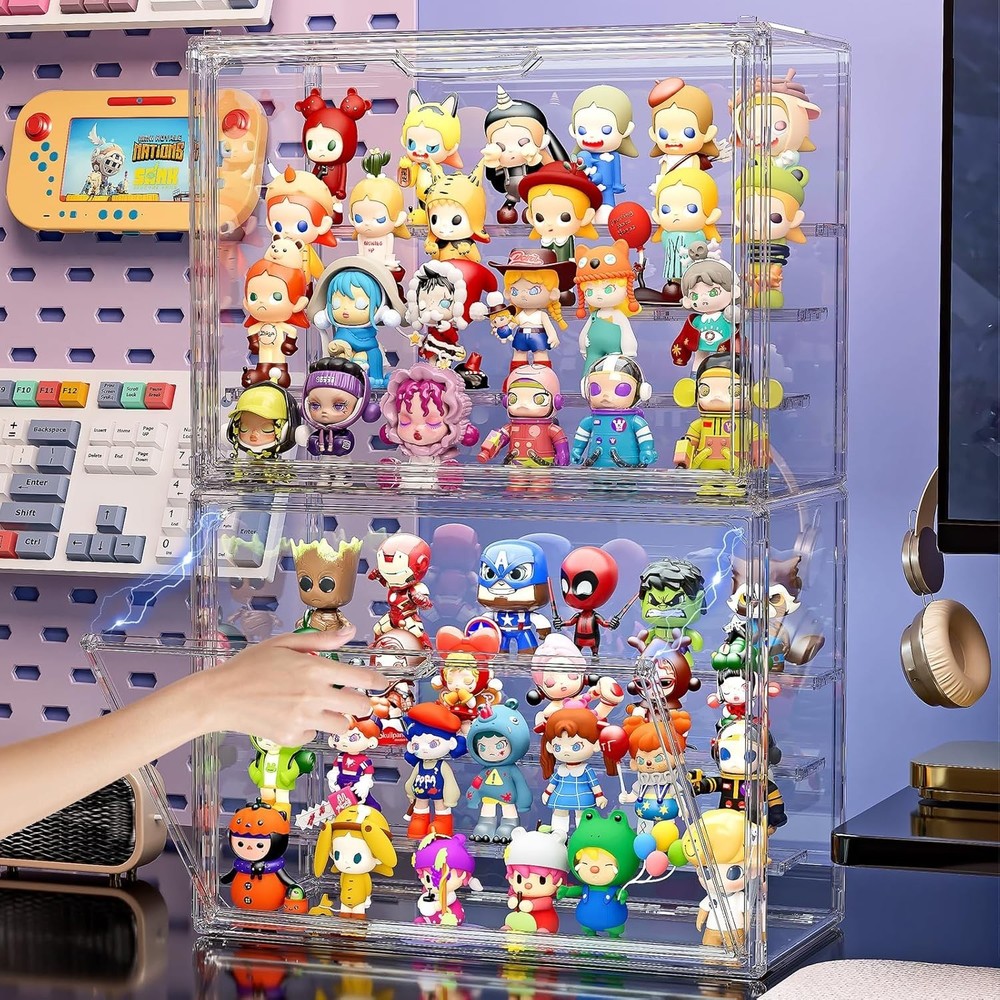 Clear Acrylic 4 Tier Figure Display Case with 3 Movable Plates Stackable Show