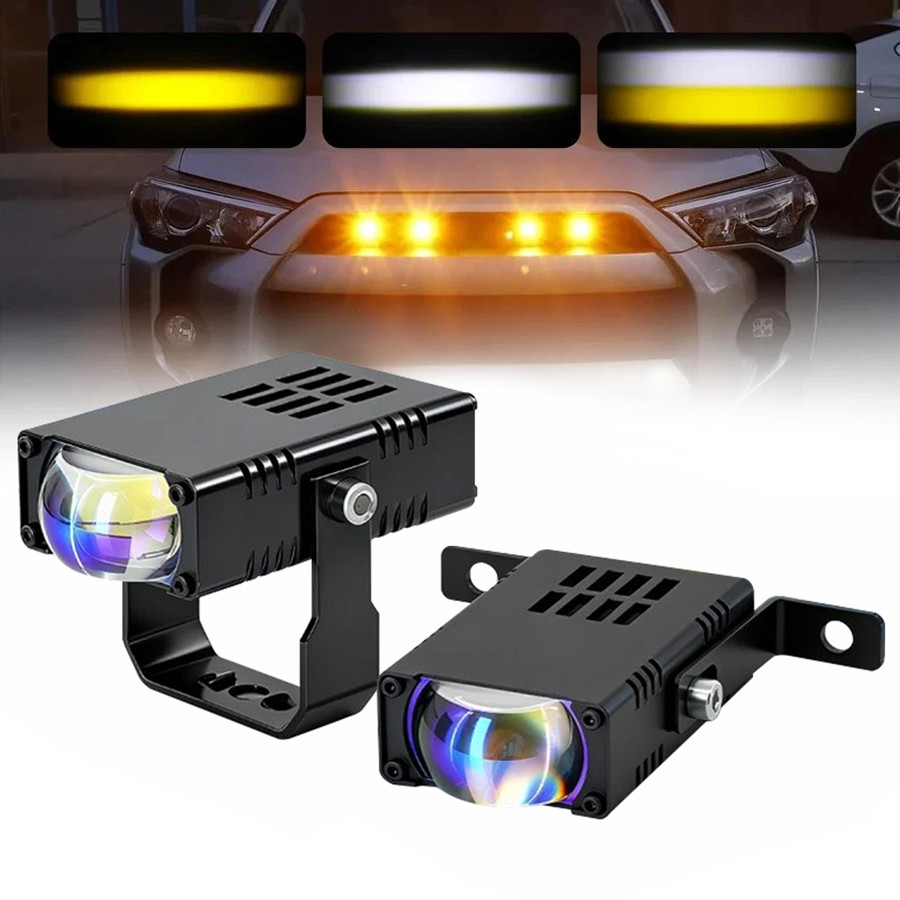 2x LED Headlight Bumper Projector Lens Driving Car Grille Lights Motor Spotlight