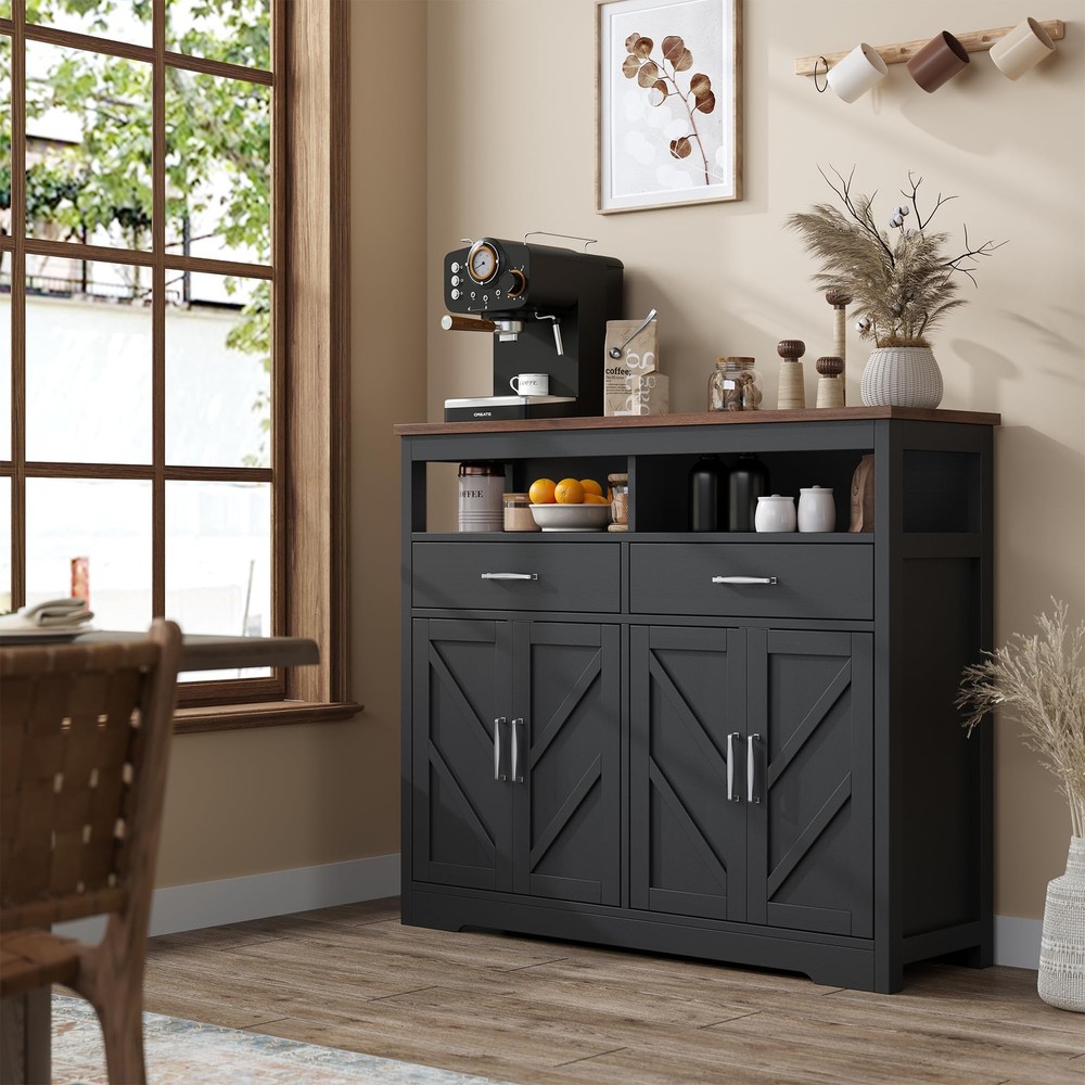 Buffet Sideboard with Storage Farmhouse with 4 Doors, 47'' Large Kitchen Stor...