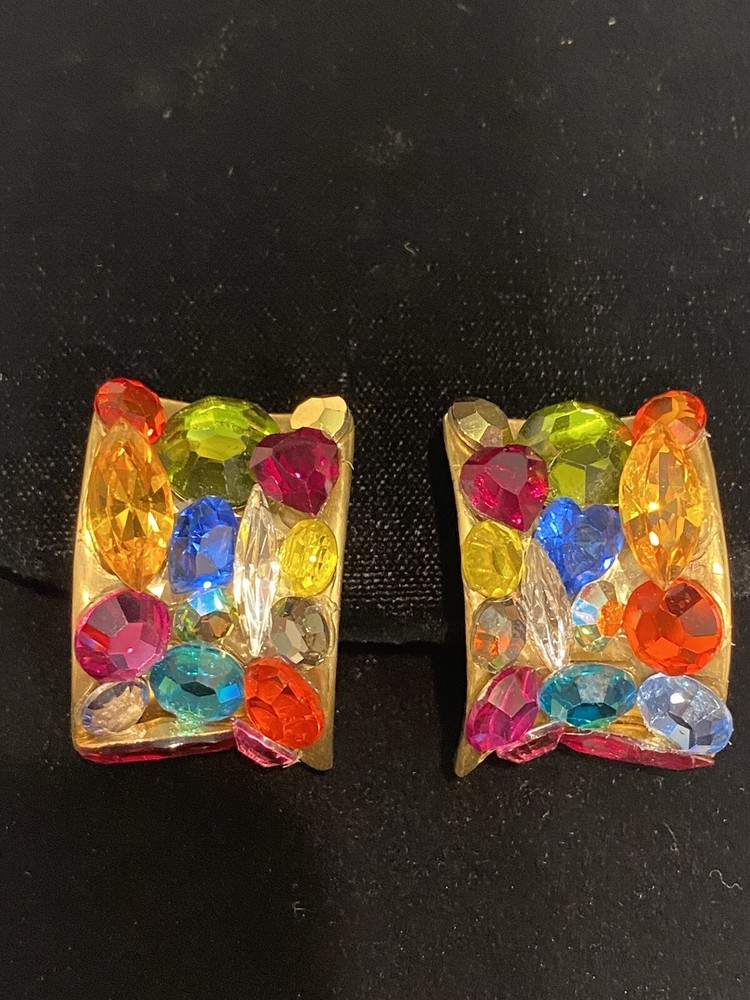 Handcrafted Rhinestone Multicolored Clip On Earrings