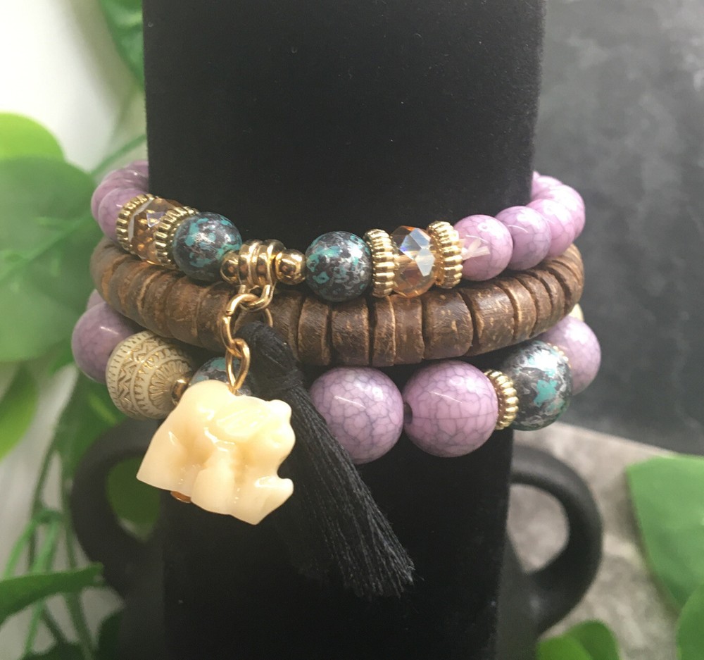 3 PC Handmade Bohemian Beaded Stackable Stretch Bracelet Set New Free Ship 9514