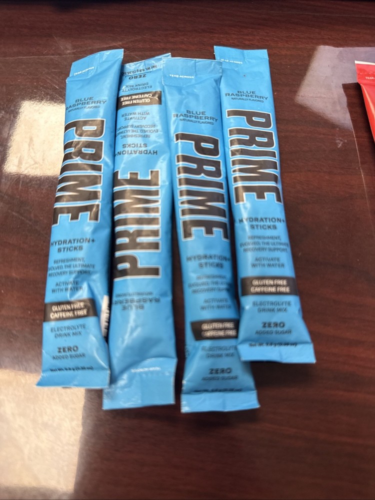 11 Prime Hydration Sticks. 2 Strawberry, 4 Blue Raspberry, 4 Ice Pop