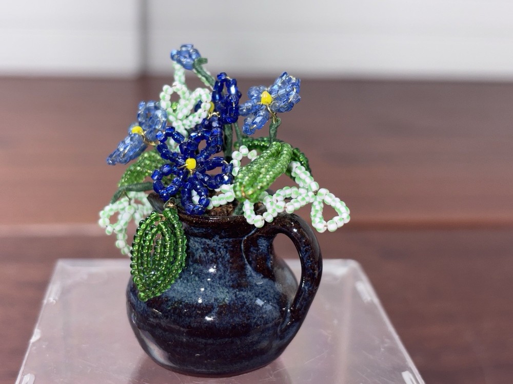 Mini Beaded Flowers In Blue/Brown Pottery Pot