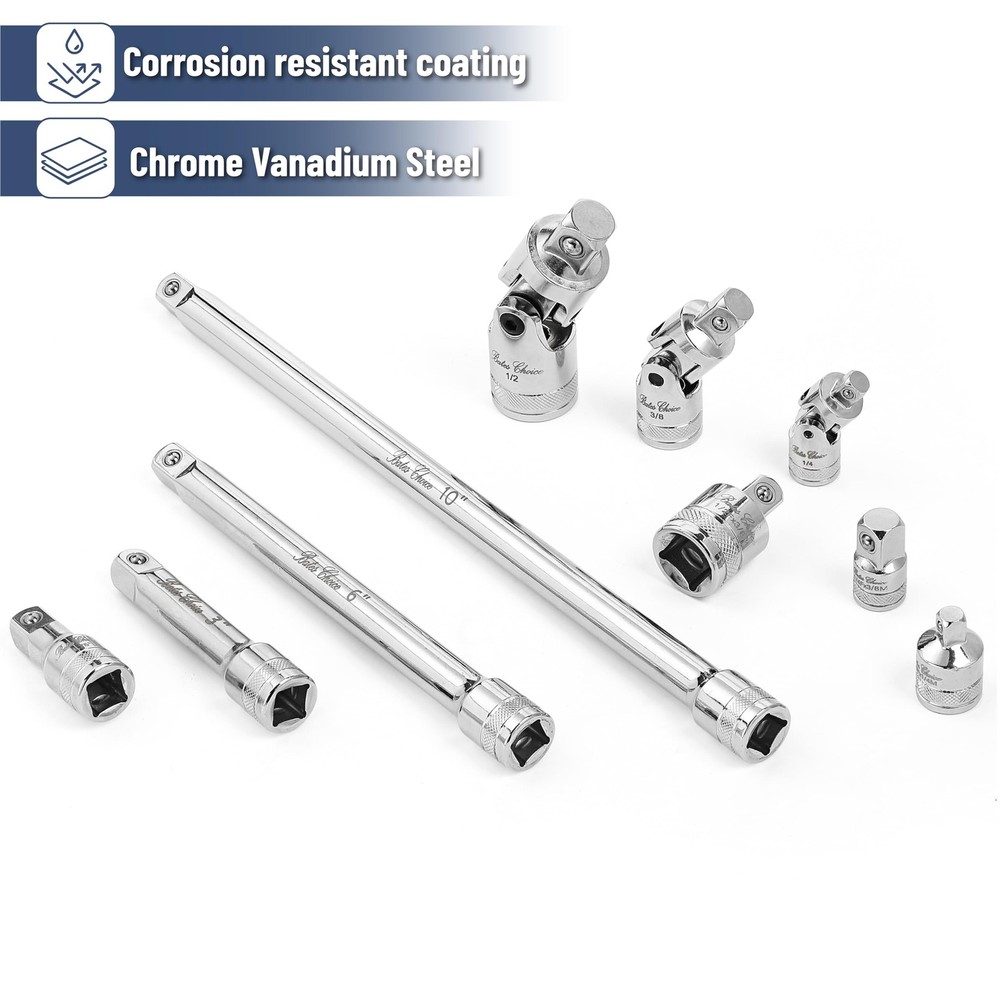 Bates 10pc Socket Accessory Set 1/4 3/8 1/2" Drive Extensions Adapters Silver