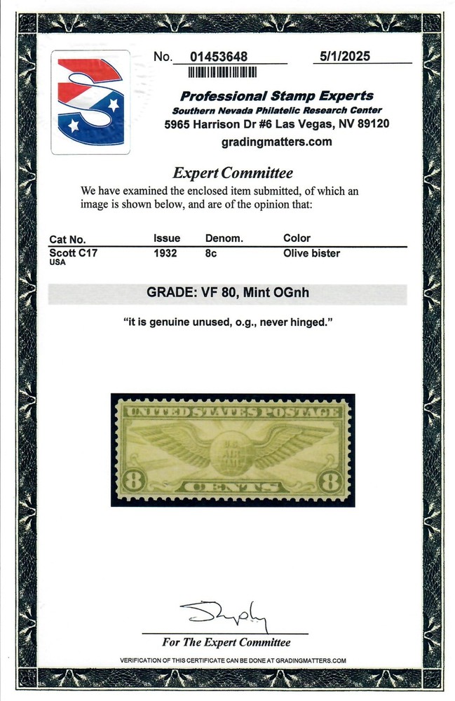Scott C17 MNH Premium Example PSE Graded VF 80