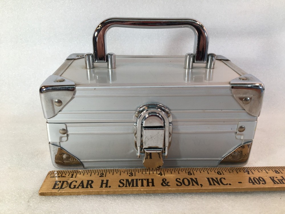 Hinged FAR NINE Travel Make-Up Case w/Handle Silver & Gray Mirror
