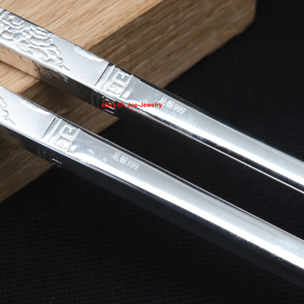 Real 999 Fine Silver Chopsticks Solid Silver Healthy Tableware Peony PatternGIFT