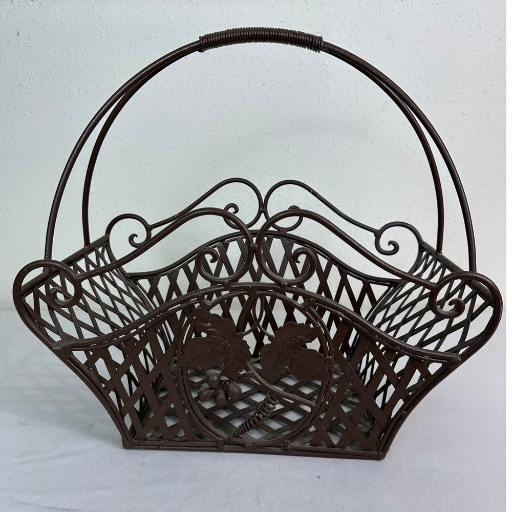 Cast Iron Decorative Basket Plant Holder Lattice Scroll Handle Rustic Planter