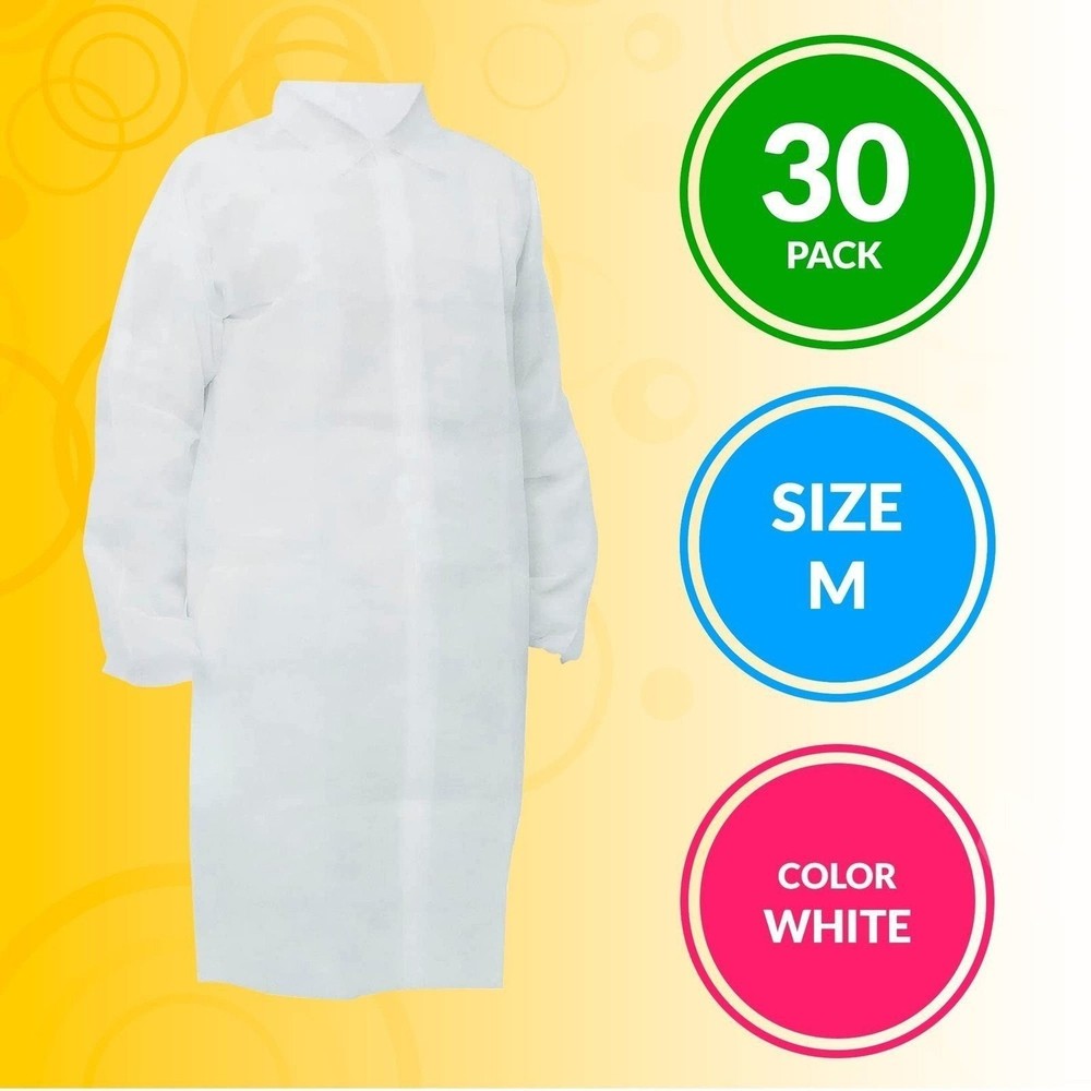 Pack of 30 White Poly Lab Coat with No Pockets, Snap Front, Medium NEW PPE