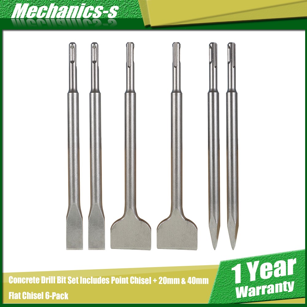 Concrete Drill Bit Set Includes Point Chisel + 20mm & 40mm Flat Chisel 6-Pack