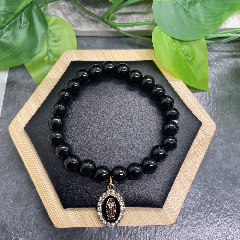 Handmade Stone Bead Stackable 6.5” Plus Stretch Bracelet Mary Medallion B8110