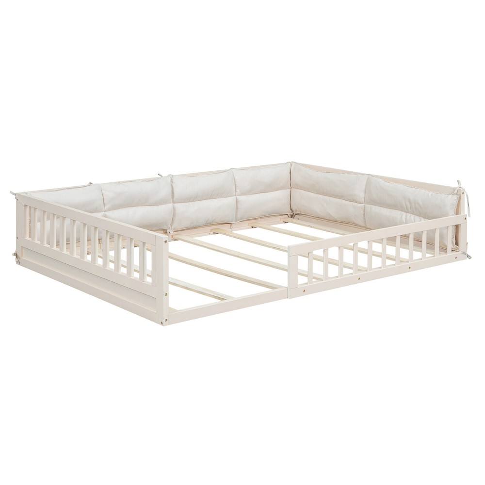 Full Size Bed Frame Upholstered Platform Bed Frame w/ Headboard Beige US