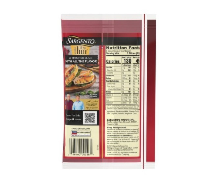 Sargento Ultra-Thin Sharp Cheddar Cheese, 18 count, 6.84 oz 2 Pack