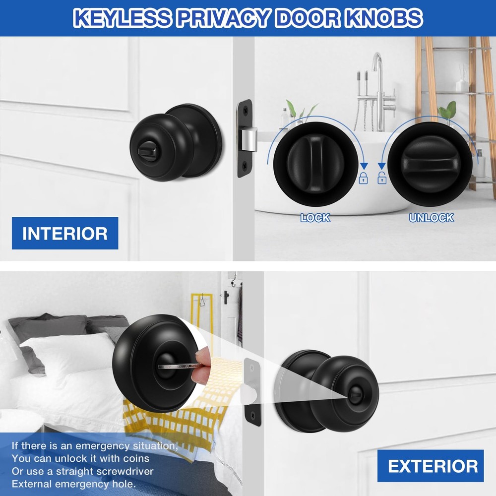 Plustool 6 Pack Matte Black Door Knobs, Privacy Knob with