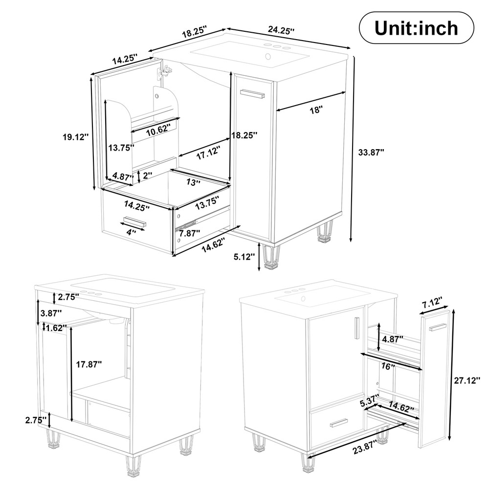 Bathroom Vanity with Ceramic Sink Solid Wood Frame Storage Cabinet Deep Drawer