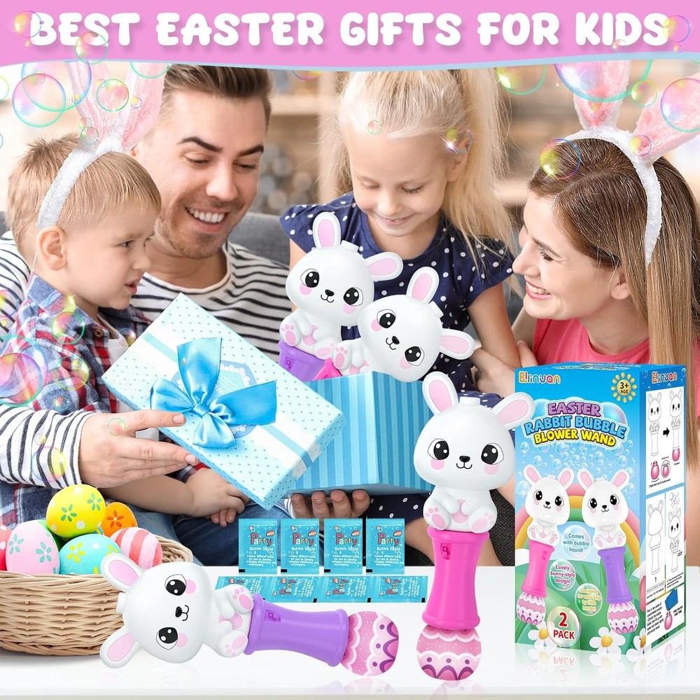 2 Pack Easter Bunny Bubble Wand for Kids, Automatic Bubble Machine with LED Ligh
