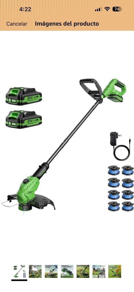 Cordless 21V Green String Trimmer Auto Feed Battery Charger Spool