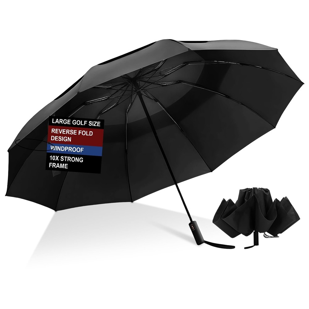 Windproof Compact Travel Umbrella - Large Inverted Auto Open & Close, Durable 10