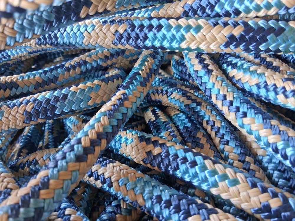 9/16 " x 100 ft. Double Braid-Yacht Braid Polyester Rope . Denim/Light Blue/Tan.